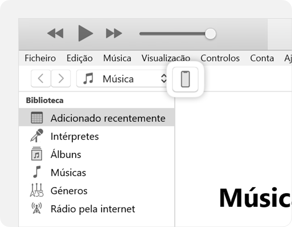 A janela do iTunes a mostrar um ícone do dispositivo ligado no canto superior direito