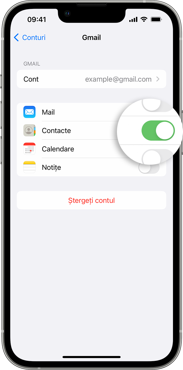 Un afișaj de iPhone arătând cum să activezi Contacte pentru contul de Gmail
