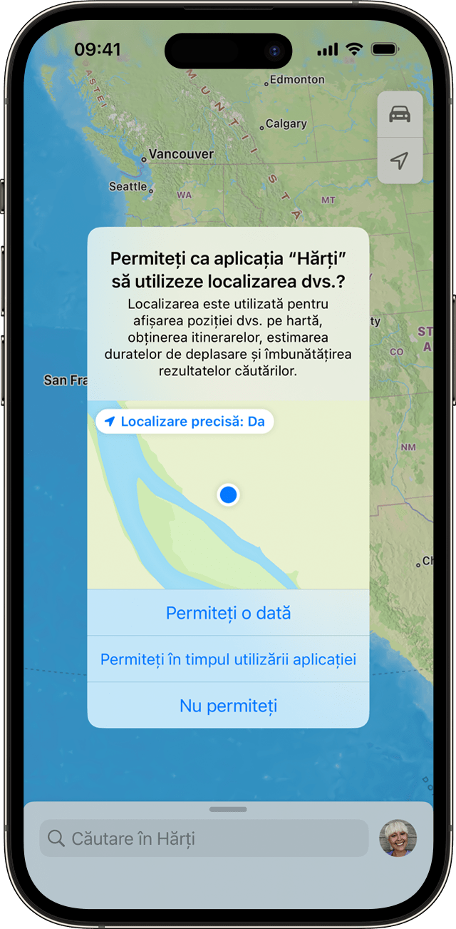 O aplicație solicită acces la locația ta în timp ce utilizezi aplicația pe iPhone