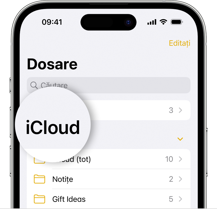 iPhone care afișează ecranul Dosare în aplicația Notițe cu dosarul iCloud evidențiat