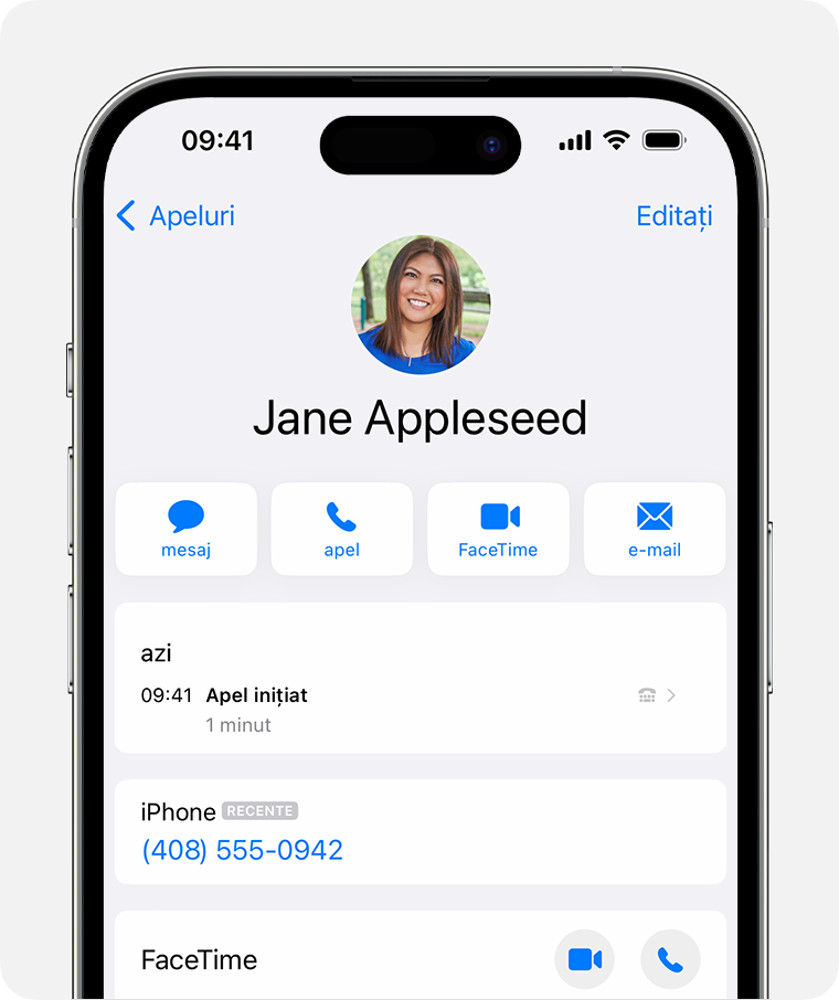 Ecran de iPhone care afișează istoricul apelurilor pentru un contact