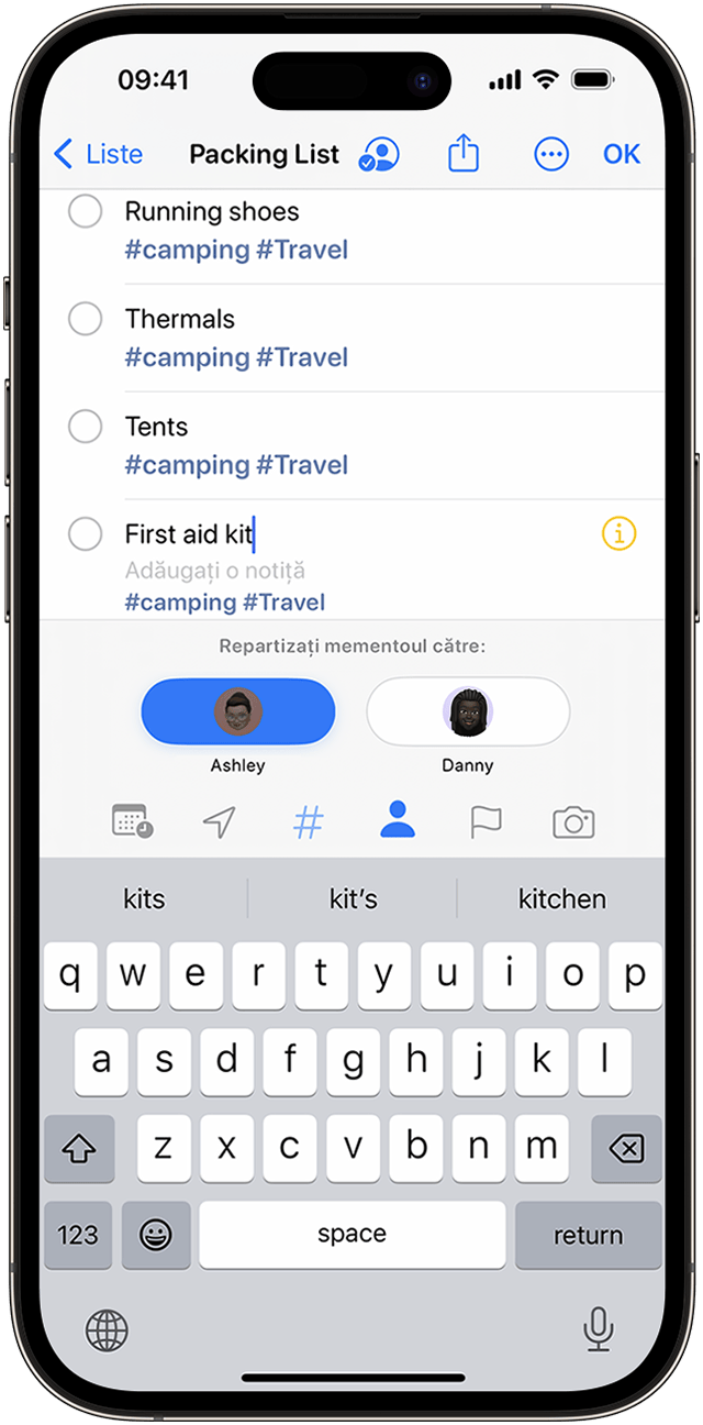 În Mementouri de pe iPhone, poți aloca intrări specifice din listă unui contact.