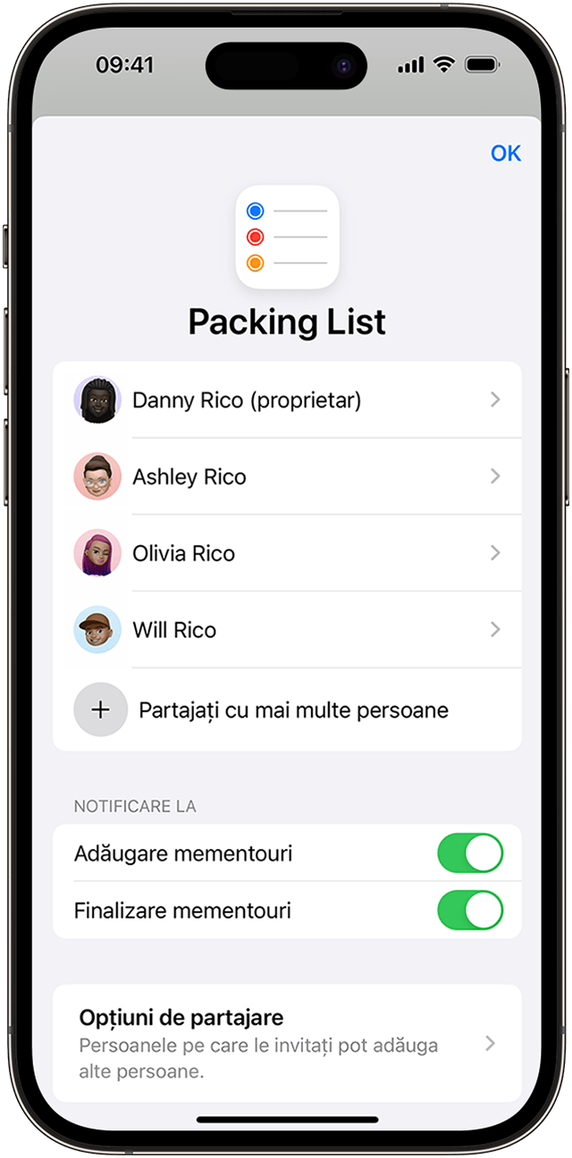 Pe iPhone, poți să partajezi o listă Mementouri cu contactele tale, însă poți să modifici notificările automate utilizând opțiunile Gestionați lista partajată.