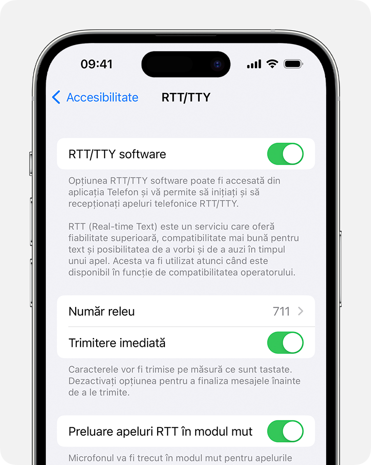 Ecranul unui dispozitiv iPhone cu RTT/TTY activat