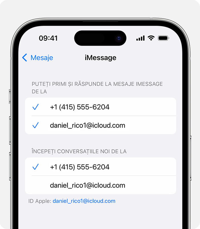 În Configurări > Mesaje > Trimitere și primire, poți alege să folosești fie un număr de telefon, fie o adresă de e-mail pentru conversații noi.