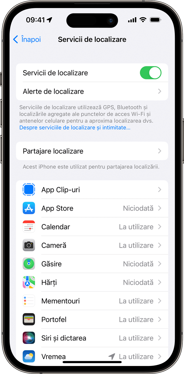 Configurarea Servicii de localizare pe iPhone