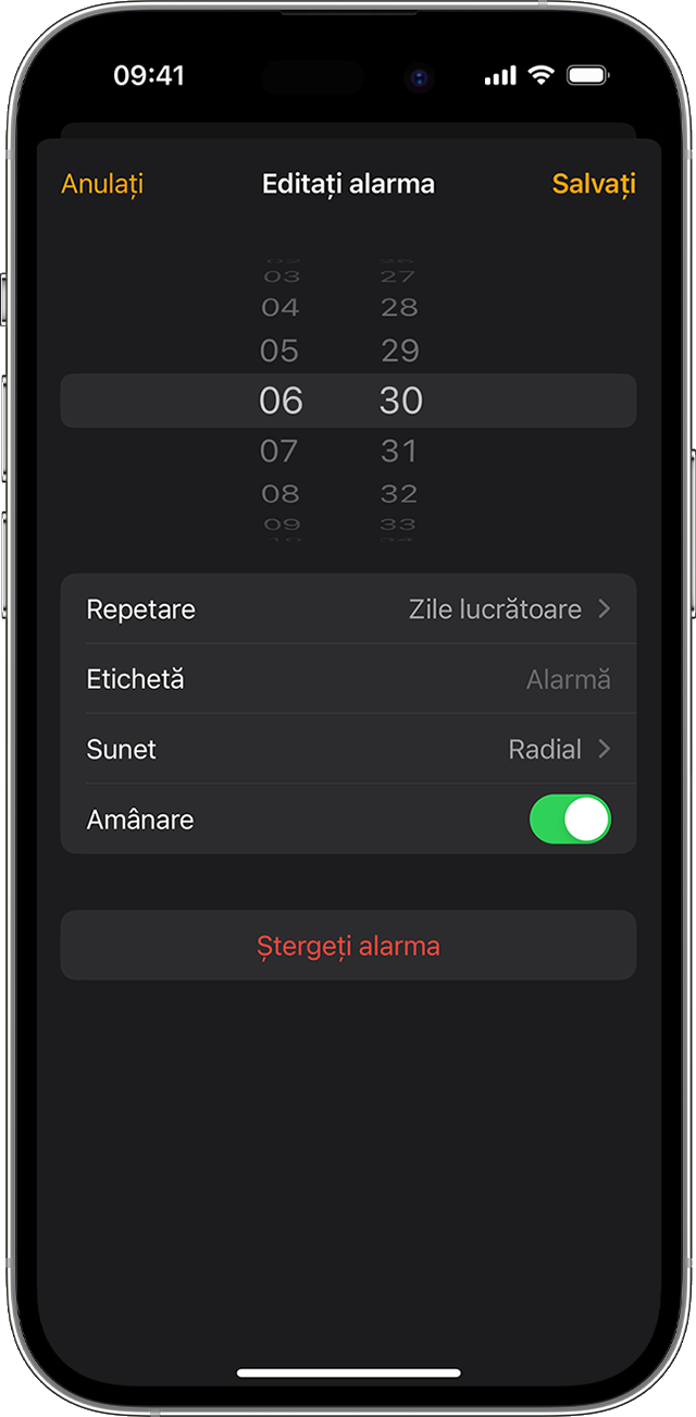 Editează o alarmă pe iPhone în aplicația Ceas.