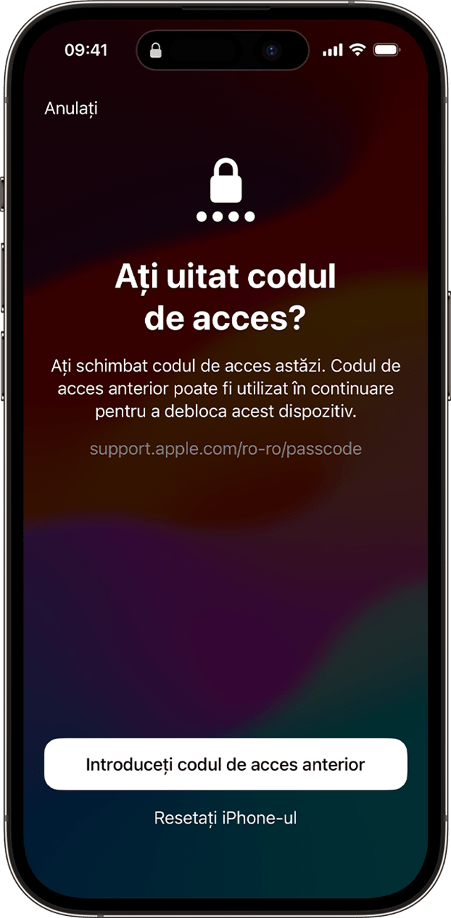 Atunci când îți schimbi codul de acces în iOS 17 sau în versiunile superioare, poți folosi temporar un cod de acces vechi pentru a-ți debloca dispozitivul.