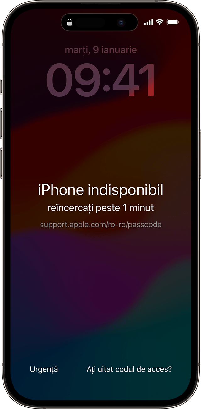 Mesajul de indisponibilitate a dispozitivului iPhone apare pe un iPhone după ce introduci incorect codul de acces.