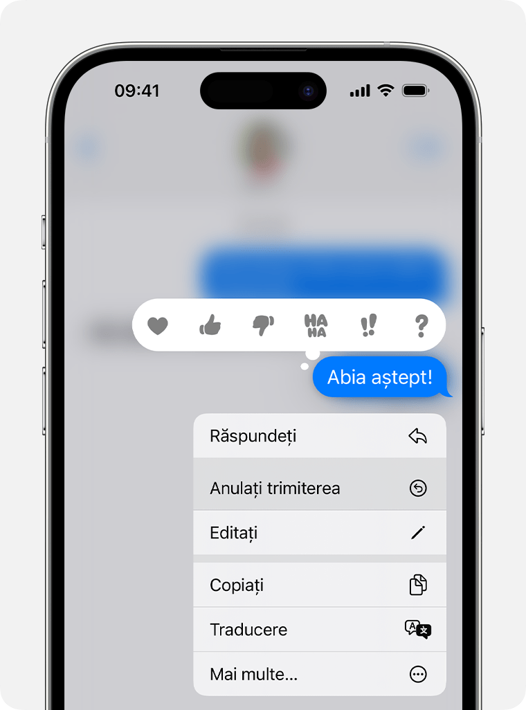 Atinge și ține apăsat un mesaj în iOS 16 sau o versiune ulterioară pentru a vedea opțiunea Anulați trimiterea.