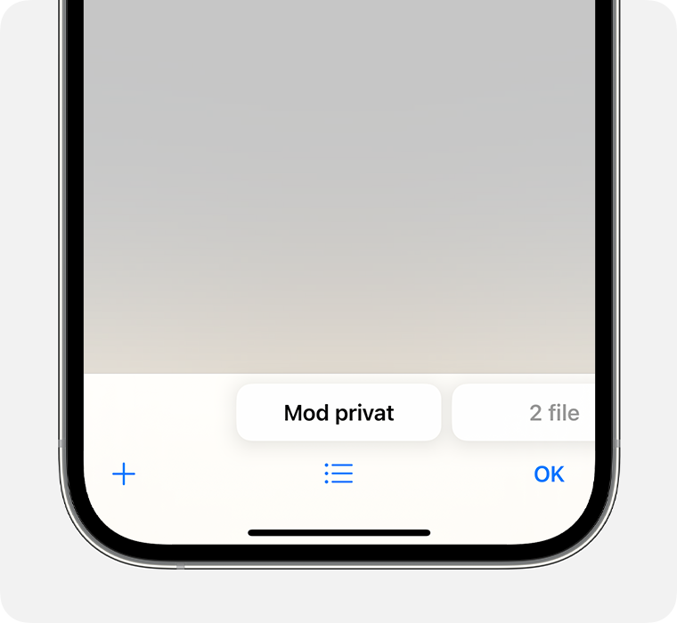 Un iPhone care afișează aplicația Safari cu butonul Grup de file private selectat.