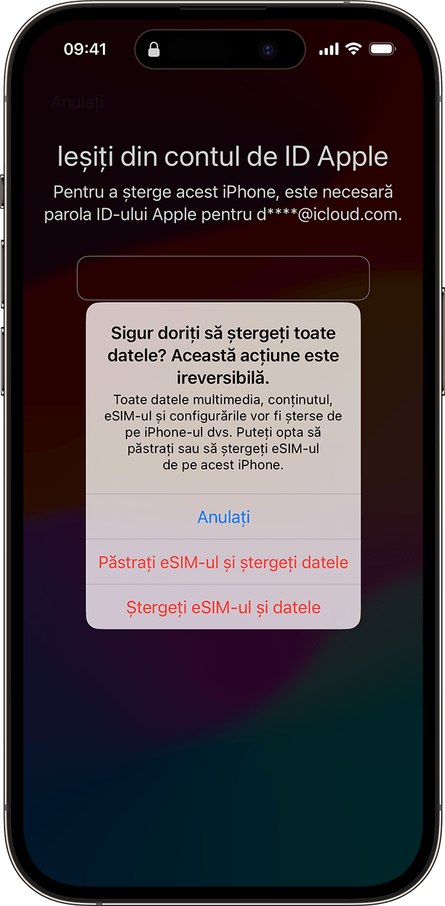 Când parcurgi procesul de resetare a codului de acces în iOS 17 și în versiunile ulterioare, poți alege să păstrezi cartela eSIM sau să ștergi cartela eSIM.