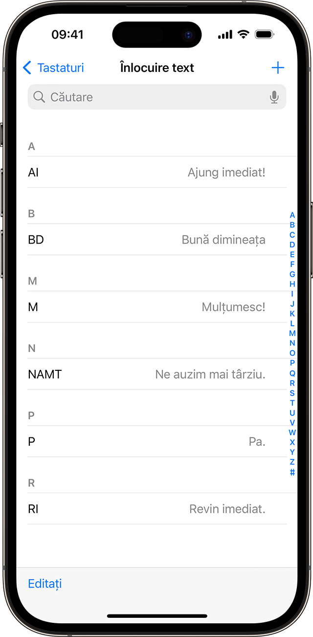 O listă de scurtături de text configurate pentru a fi utilizate pe iPhone.