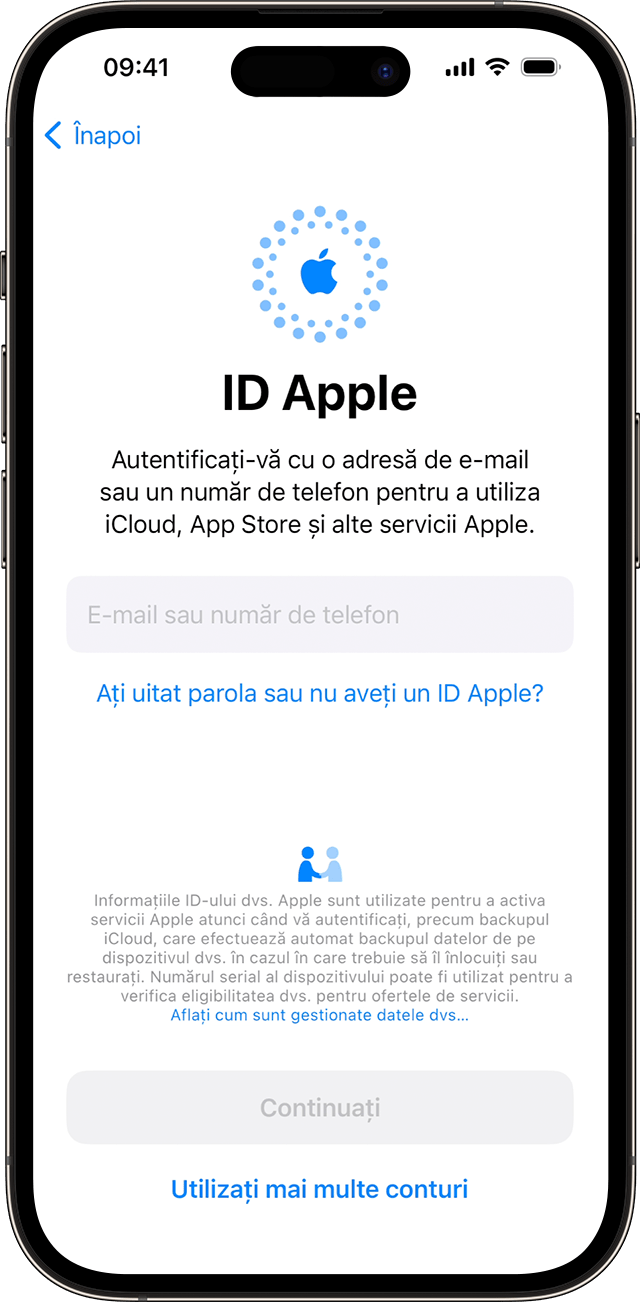 Folosește adresa de e-mail sau numărul de telefon pentru a te conecta cu ID-ul Apple în timpul procesului de configurare în iOS 17.