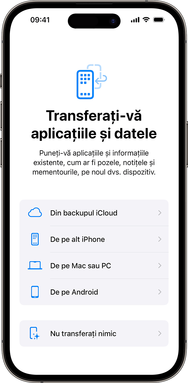 Opțiunile Transferați‑vă aplicațiile și datele atunci când configurezi un dispozitiv iPhone în iOS 17
