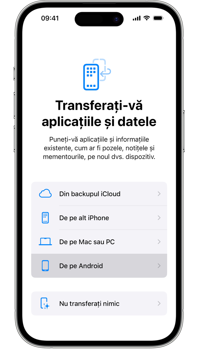 În timpul procesului de transfer, poți alege aplicațiile și informațiile pe care dorești să le transferi.