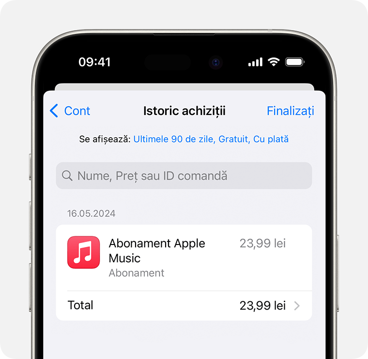 O imagine care afișează secțiunea Istoric cumpărături pe un iPhone