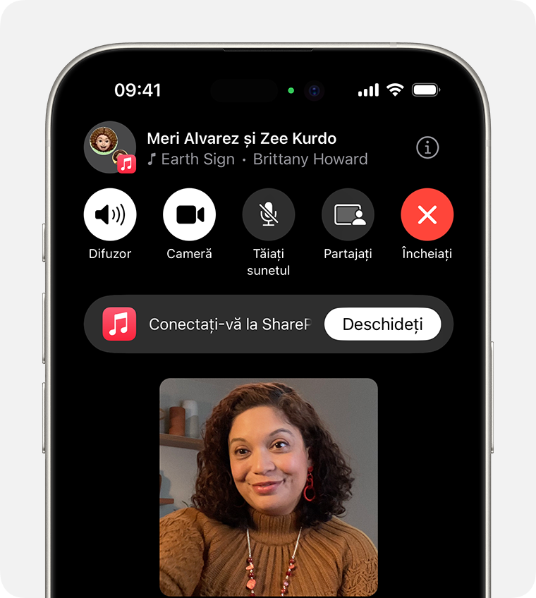 iPhone afișând opțiunea Conectați‑vă la SharePlay într-un apel FaceTime.