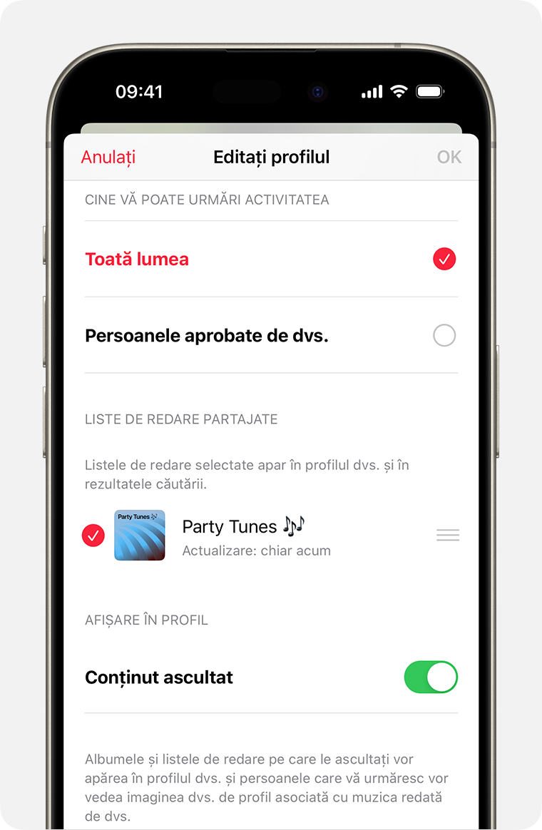 Dispozitiv iPhone care afișează o listă de redare selectată pentru a fi afișată pe un profil în ecranul de editare a profilului din aplicația Apple Music