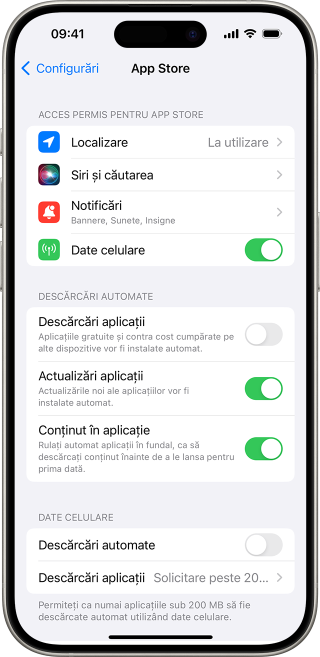 iPhone afișând opțiunile App Store în Configurări, inclusiv Actualizări aplicații.