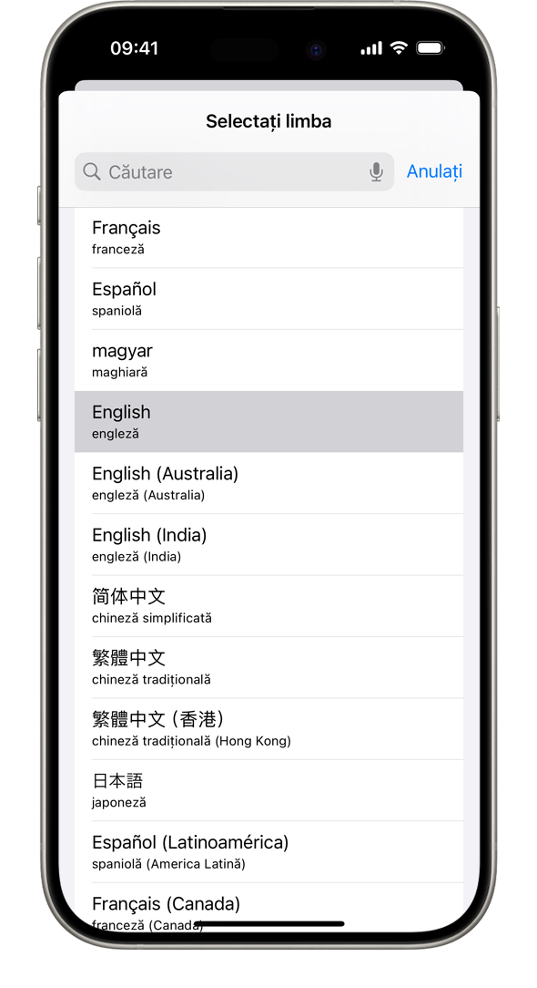 Un iPhone afișând lista limbilor de sistem disponibile, cu franceza evidențiată.