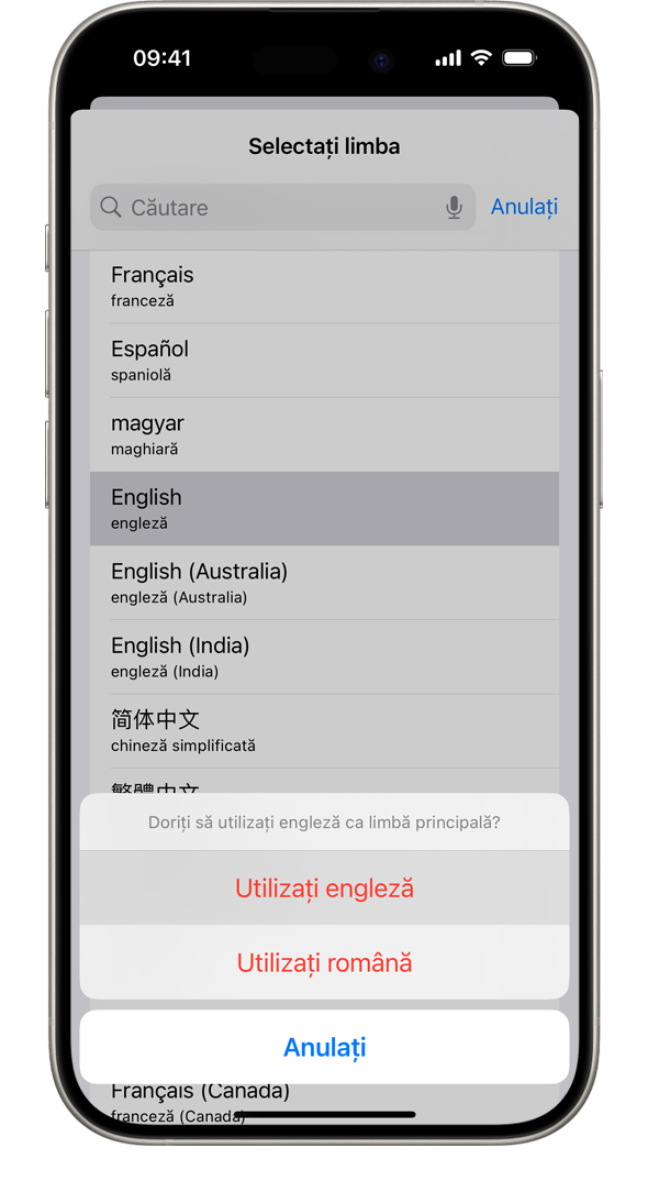 Un iPhone afișând o alertă care spune "Doriți să utilizați limba franceză drept limbă principală?" Opțiunile afișate sunt Utilizați limba franceză, Utilizați limba engleză (SUA) și Anulați.