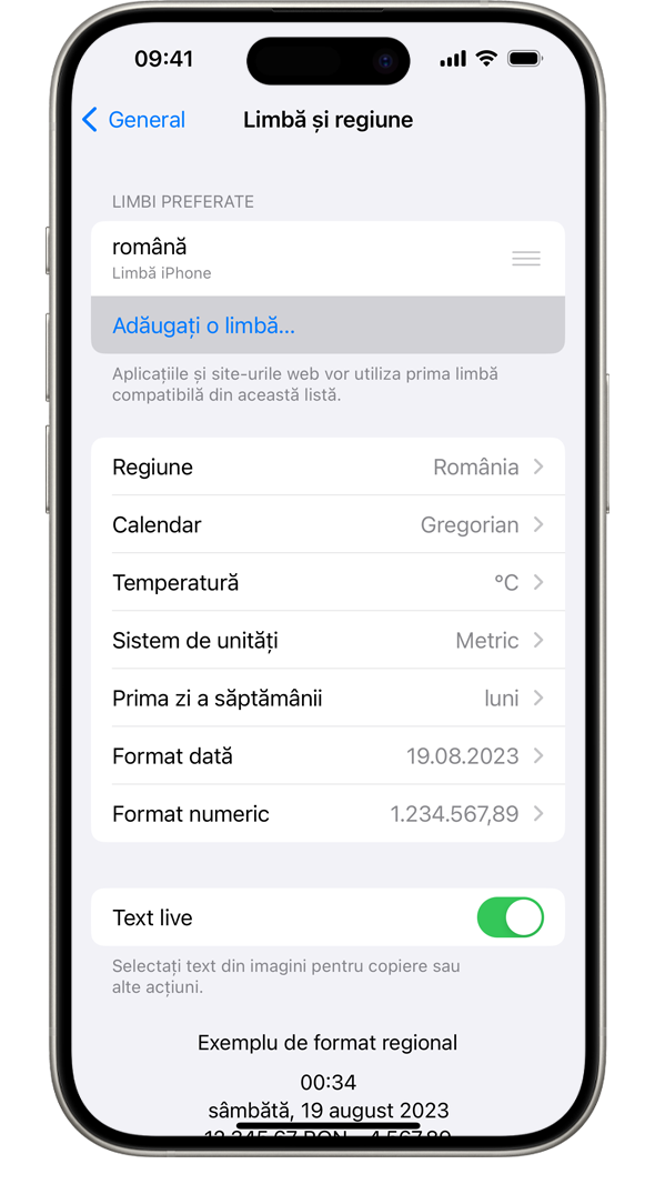 Un iPhone care afișează meniul Limbă și regiune, cu opțiunea Adăugați o limbă evidențiată.