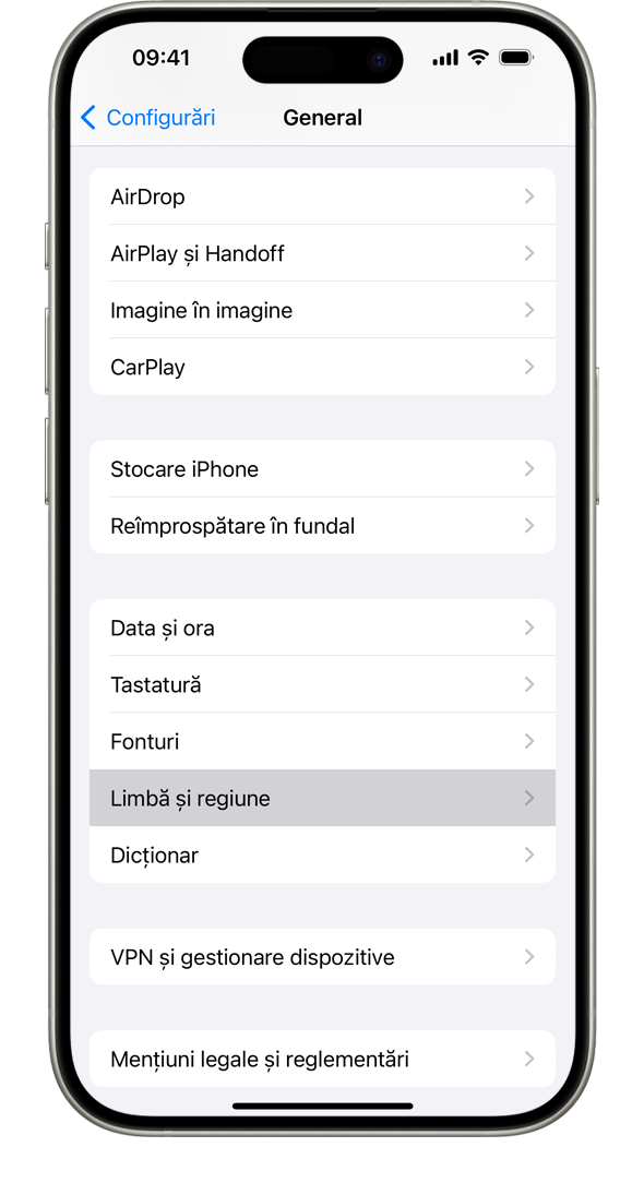 Un iPhone afișând meniul configurări General, cu opțiunea Limbă și regiune evidențiată.