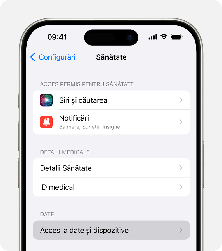În setările aplicației Sănătate de pe iPhone, poți ajusta setări, cum ar fi accesul Siri la datele din aplicația Sănătate.