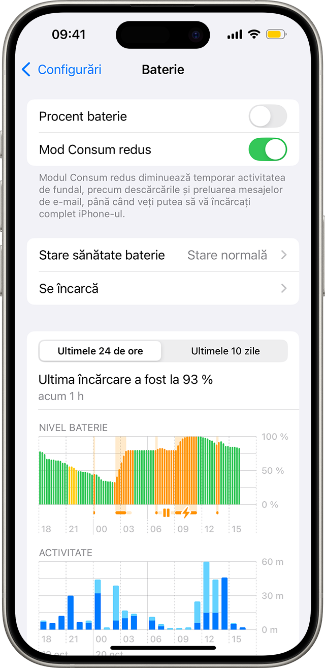 Un iPhone care afișează ecranul Configurări > Baterie. Modul Consum redus este activat și există o pictogramă galbenă a bateriei în bara de stare.