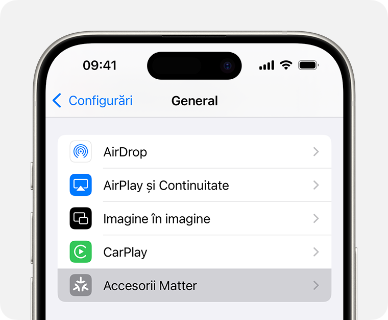 Accesorii Matter în Configurări > General pe iPhone