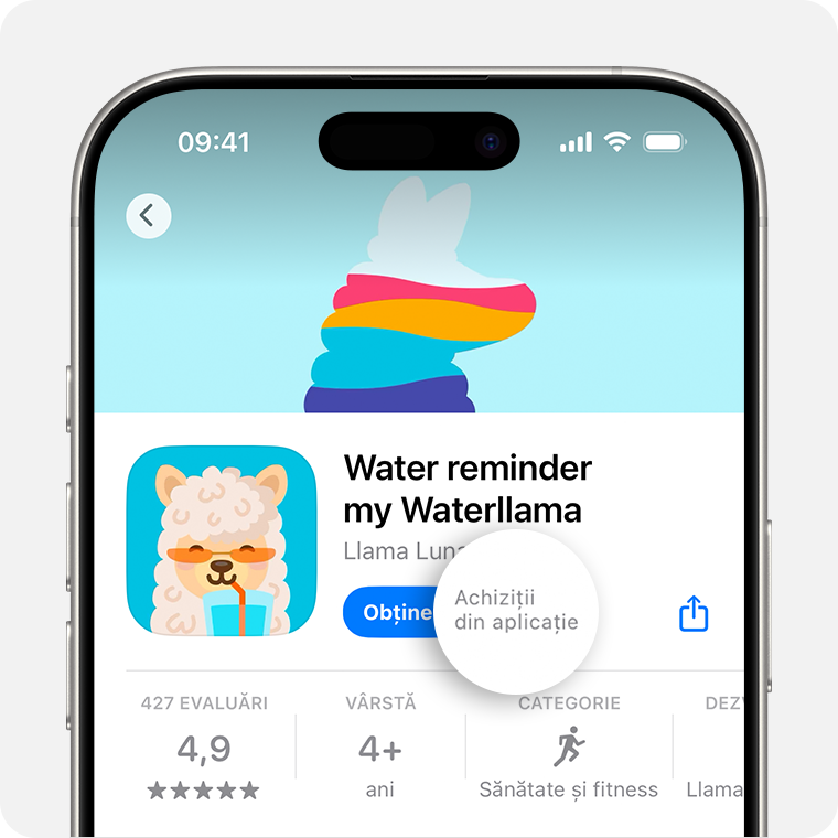 iPhone afișând o aplicație în App Store cu mesajul „Achiziții din aplicație” lângă butonul Obțineți.