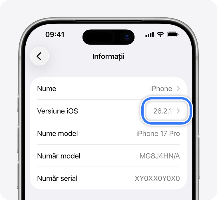 Versiunea iOS este afișată în secțiunea Informații din Configurări.
