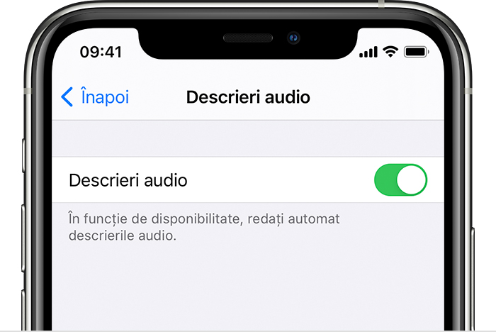 Butonul Descrieri audio în Configurări pe iPhone