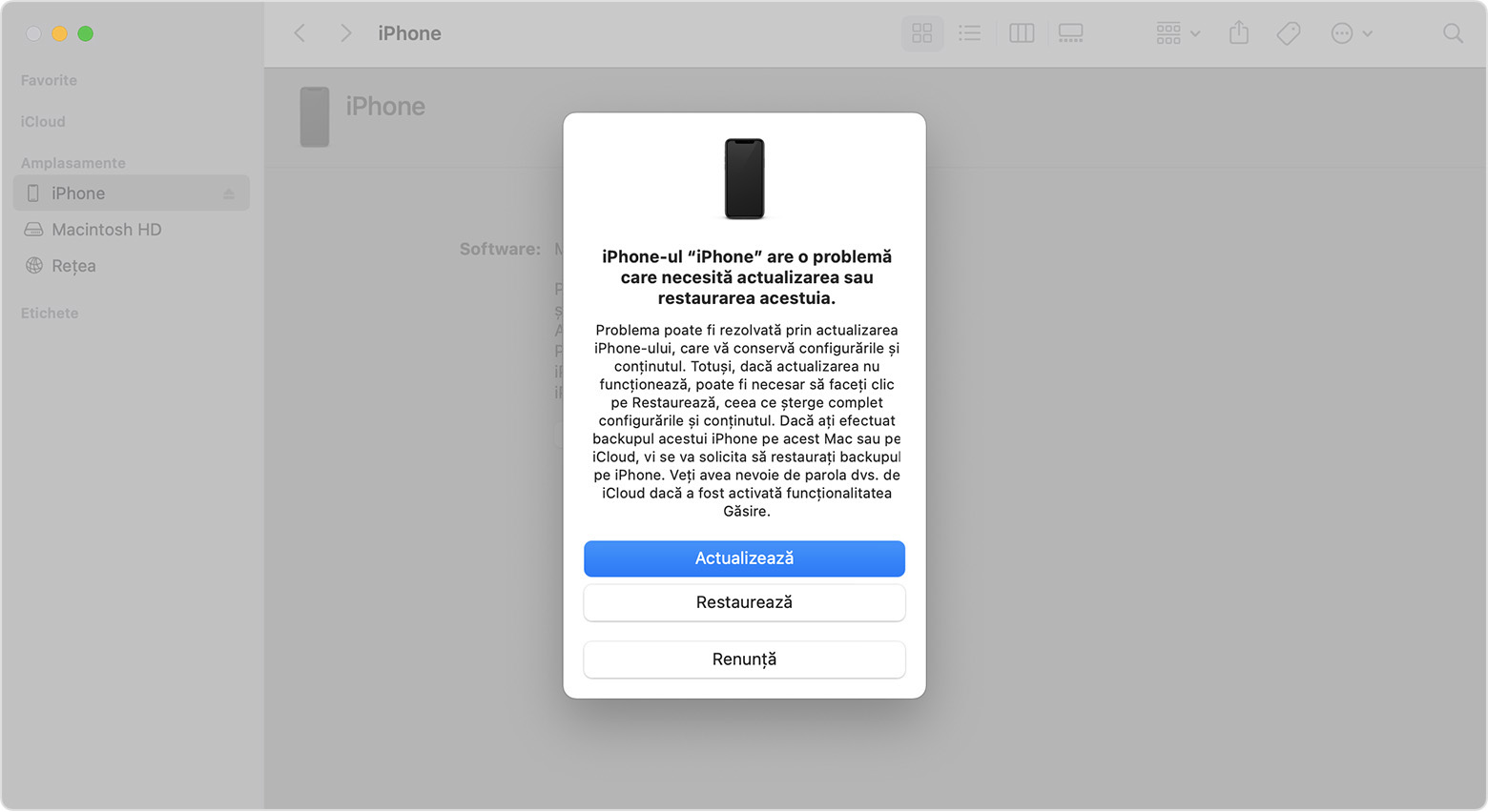 O fereastră Finder pe Mac care afișează opțiunile de restaurare sau actualizare a dispozitivului iPhone