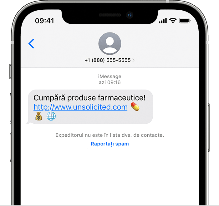 iPhone indicând opțiunea de a raporta un mesaj iMessage ca spam
