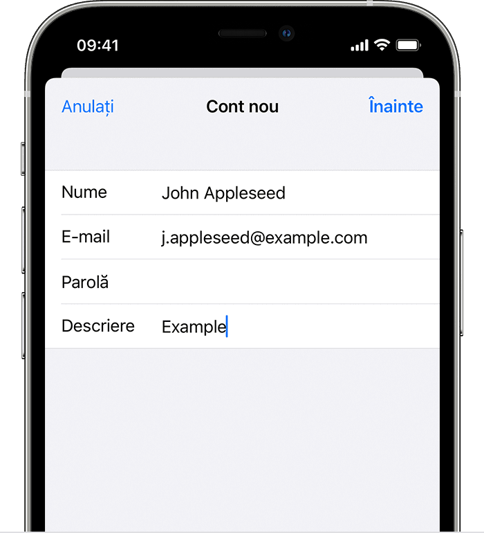 Pe iPhone, va trebui să introduci manual detaliile contului dacă încerci să configurezi un cont de la un furnizor de servicii de e-mail mai puțin obișnuit.