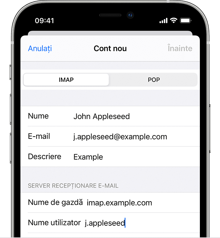 Dacă aplicația Mail nu îți poate găsi configurările contului de e-mail, poți introduce manual detalii precum Nume gazdă în timpul configurării.