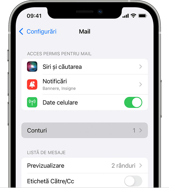 Accesează Configurări > Mail pentru a începe să configurezi automat contul de e-mail pe iPhone.