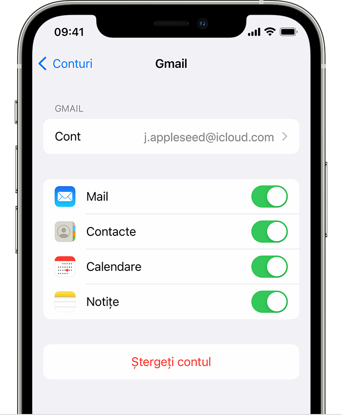 Un iPhone care afișează configurările pentru un cont Gmail conectat la Configurări > Mail > Conturi > Gmail.