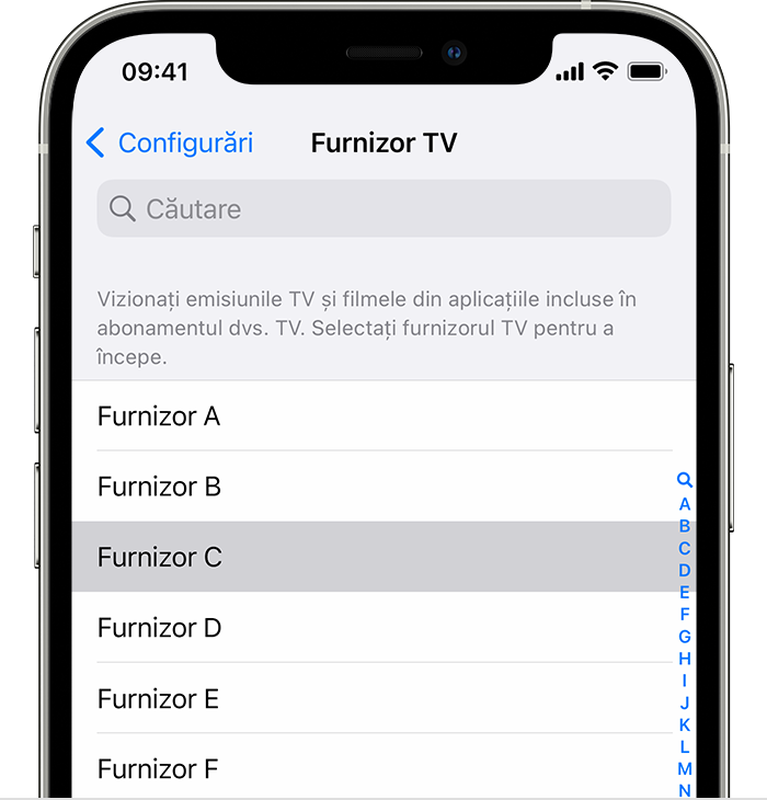 Căutarea furnizorului de servicii de televiziune în Configurări pe iPhone 12 cu iOS 15
