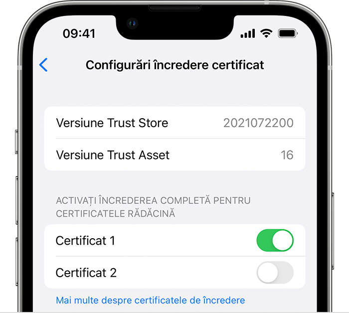 Configurări de încredere pentru certificatul iPhone