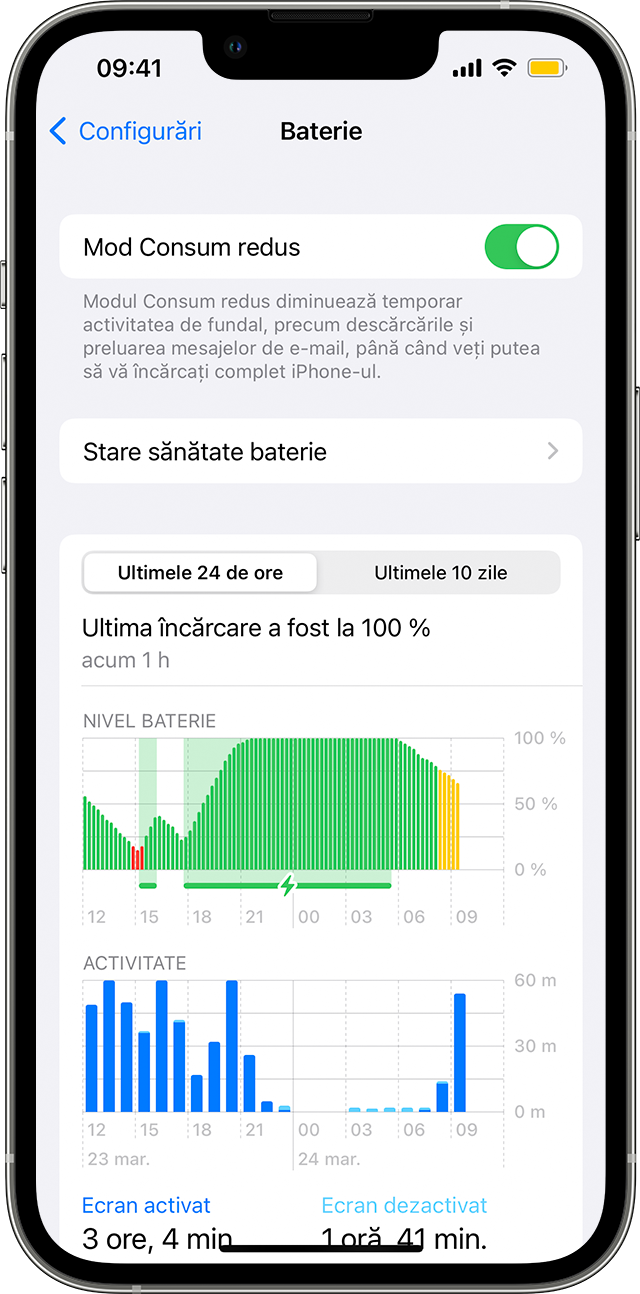 Un iPhone care afișează ecranul Configurări > Baterie. Modul Consum redus este activat și există o pictogramă galbenă a bateriei în bara de stare.