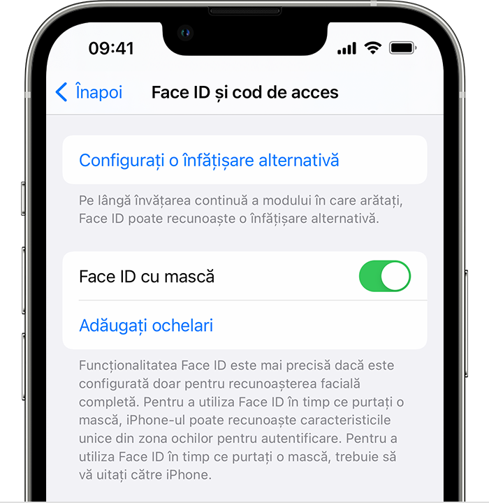 Dacă folosești un dispozitiv iPhone 12 sau un model ulterior și iOS 15.4 sau o versiune ulterioară, pagina Face ID și cod de acces din Configurări are o opțiune de activare a funcționalității Face ID cu mască.