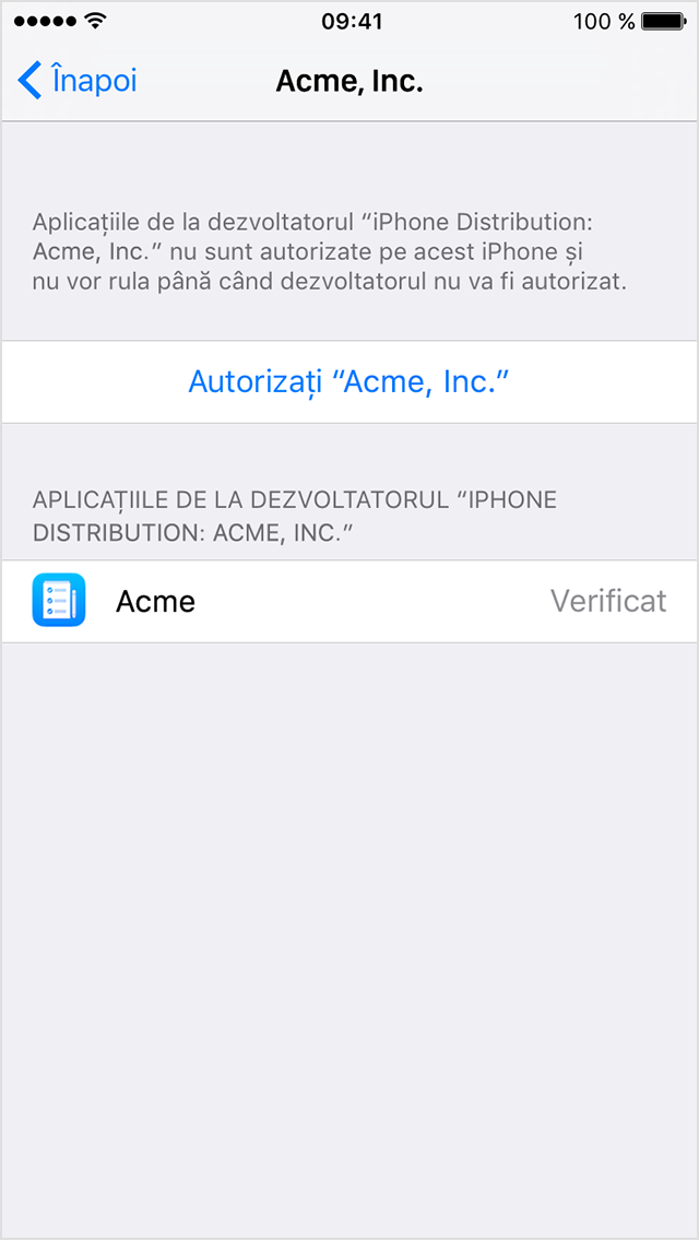  Ecran iPhone care afișează o solicitare de autorizare a unei aplicații organizaționale
