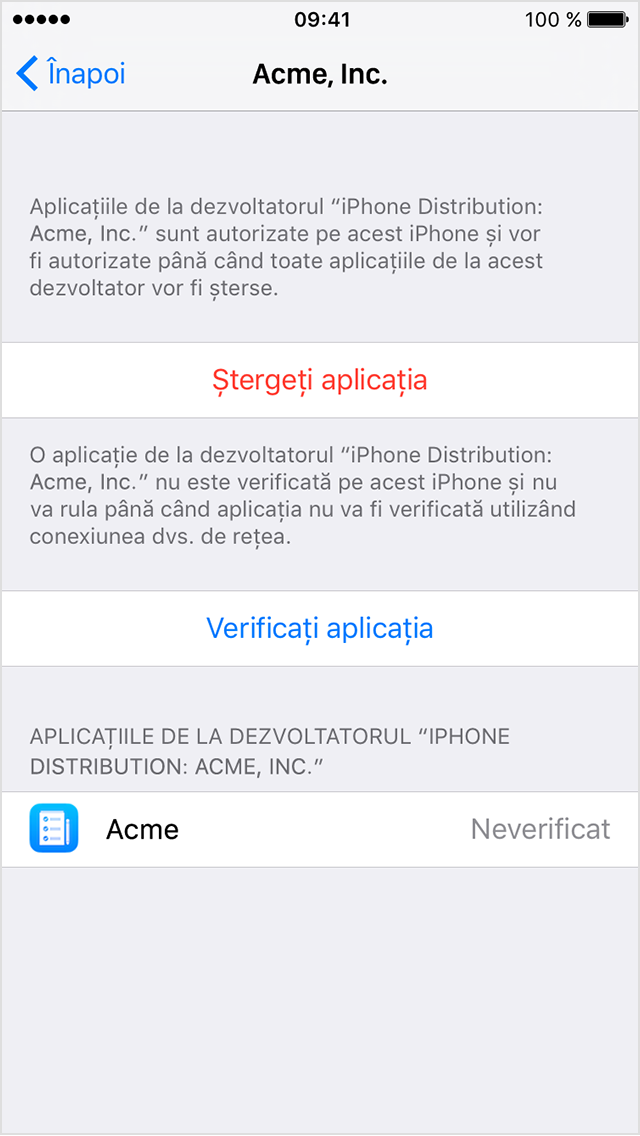  Ecran iPhone care afișează o solicitare de verificare a necesității autorizării unei aplicații organizaționale