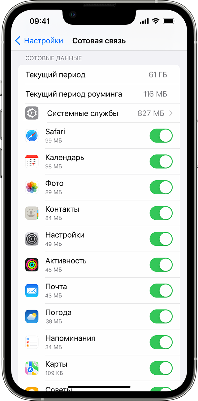 Экран iPhone, на котором показана информация об использовании сотовых данных