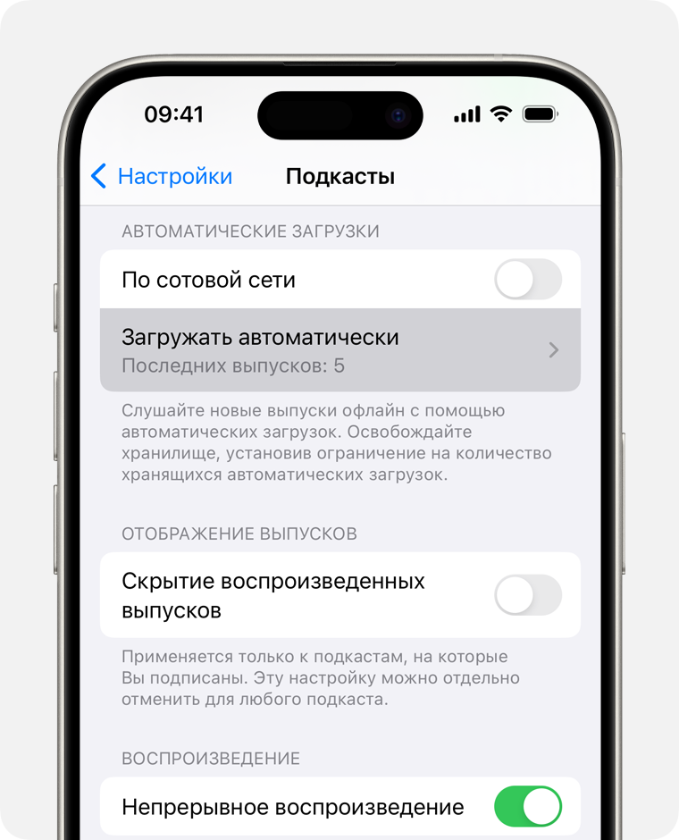 iPhone с открытым параметром «Автоматические загрузки» в Настройках.