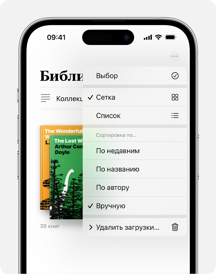 Экран iPhone, на котором показаны настройки сортировки в приложении «Книги» 