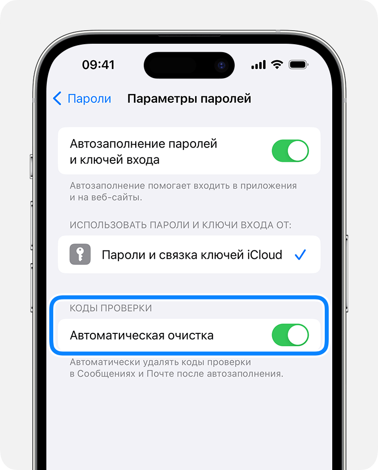 В iOS 17 и более поздних версий приложение «Сообщения» может автоматически удалять сообщения, содержащие коды для проверки паролей, после их использования. 